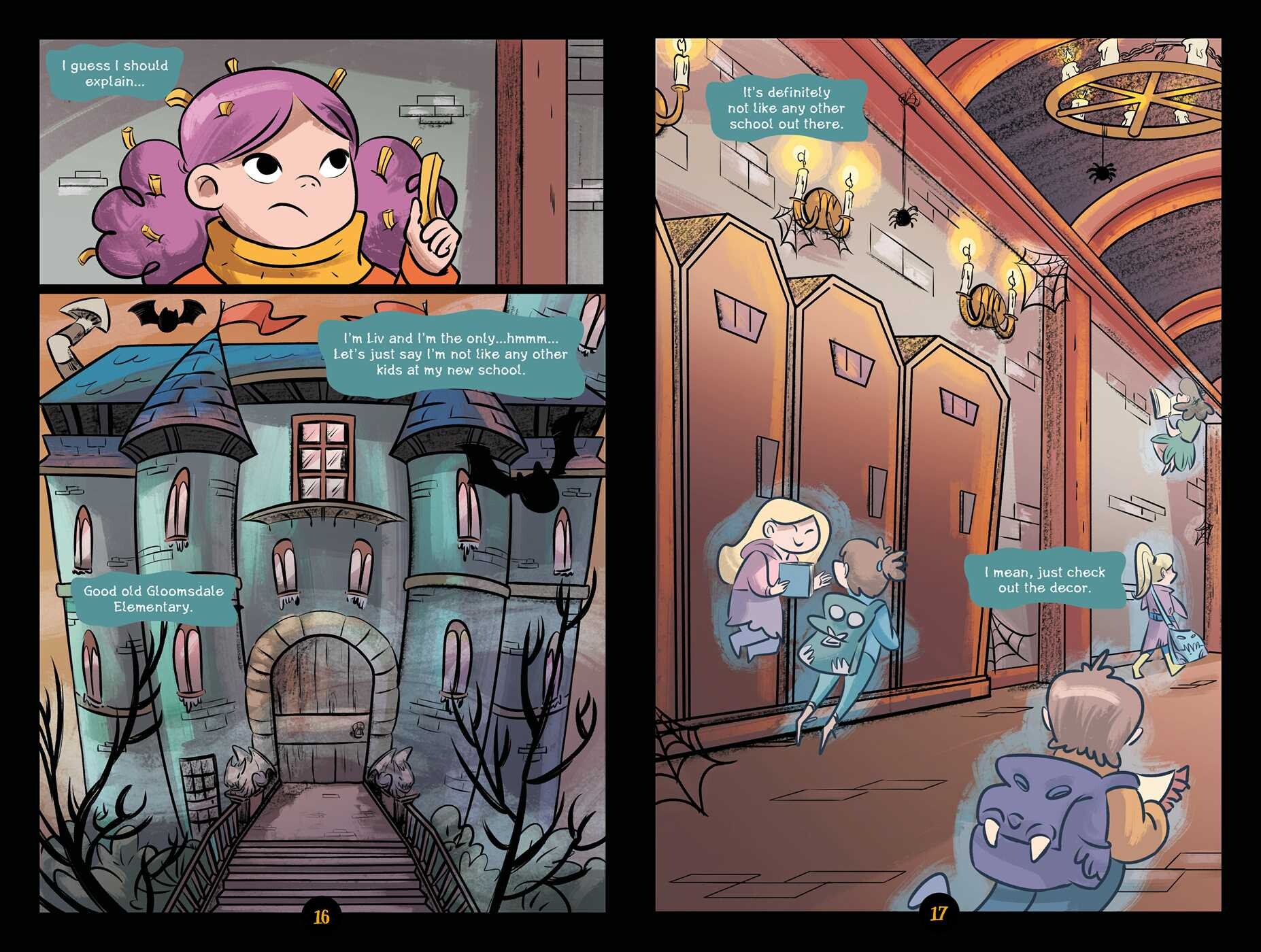 Interior from Day of the Living Liv depicting how she is the only human at her school of ghosts